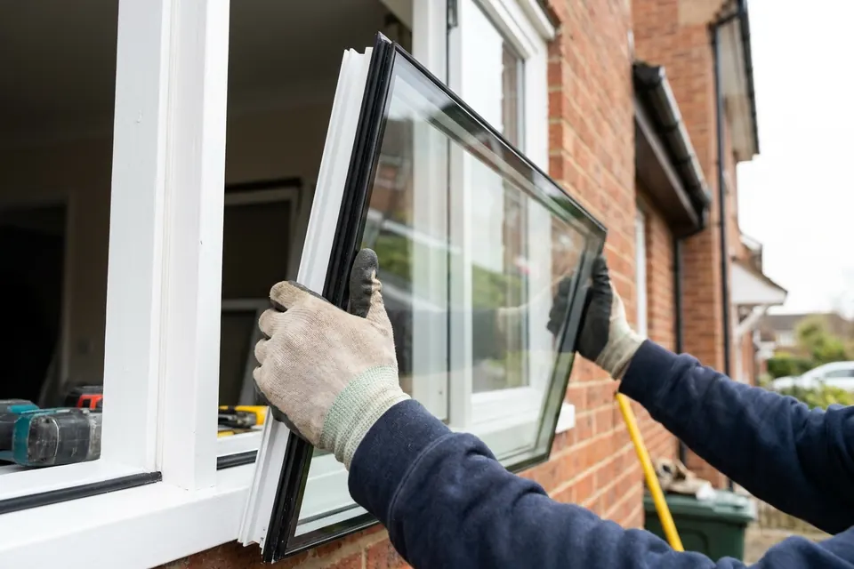Glazenmaker plaatst een nieuwe ruit